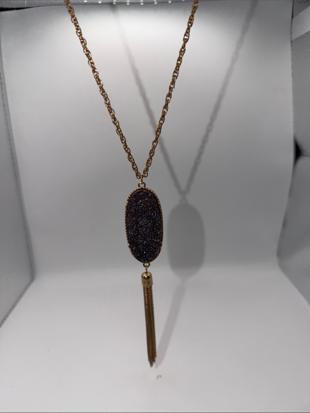 Gold Tone Multicolor Druzy Style Pendant Tassel Necklac